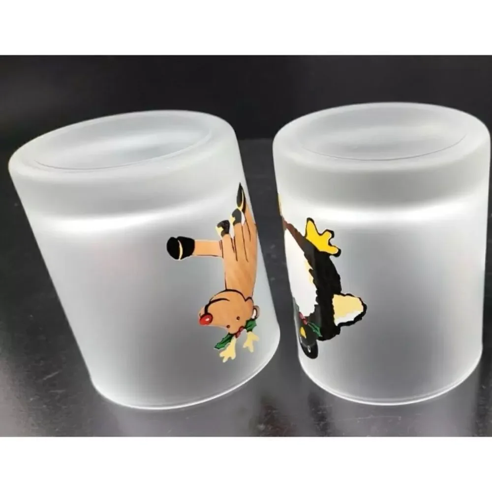 2 Dartington France Frosted Christmas Old Fashioned Glasses Reindeer /Penguin